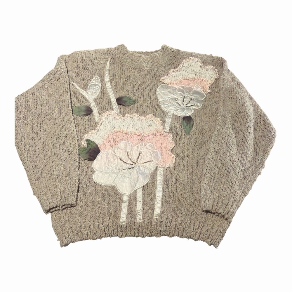 Vtg Shenanigans Women's Med Floral Appliqué Beaded Taupe Cottagecore Knit